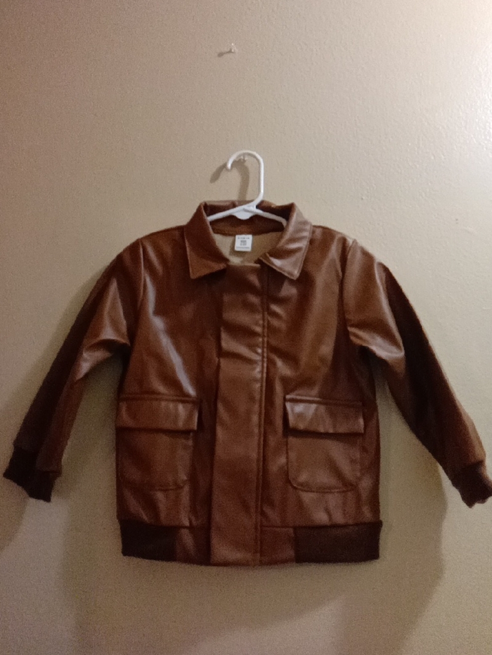 Kids Brown Faux Leather Jacket - Classic Collared Coat